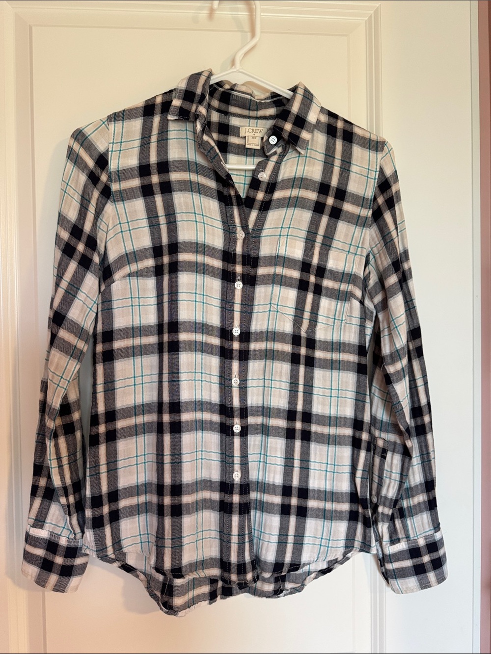 J. Crew White Black Plaid Shirt with Teal Stripe